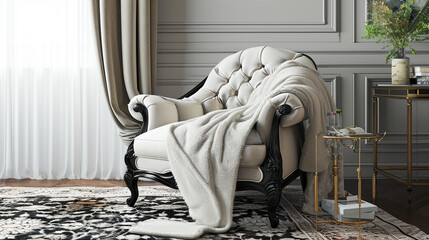A sophisticated living room scene where a plush blanket drapes over a designer chair, harmonizing with the elegant decor. The inviting arrangement invites one to curl up with a boo