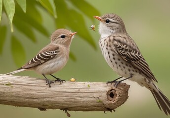 Fototapeta premium A spotted flycatcher (Muscicapa striata) feeding a young bird on a metal fence, Hesse, Germany, Europe 