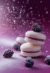 Obraz na płótnie Canvas Creamy and blackberry macaroons, sugar dust