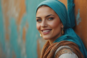 Smiling woman against a colorful wall, wearing a headscarf, beautiful woman, turquoise colors - obrazy, fototapety, plakaty