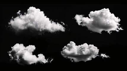 Collection of ivory clouds or mist for graphic isolated on dark backdrop.
