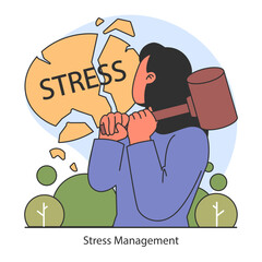 Dopamine fasting concept. A person breaking a stress sign, depicting stress management and emotional resilience. Advocates mental health. Flat vector illustration.