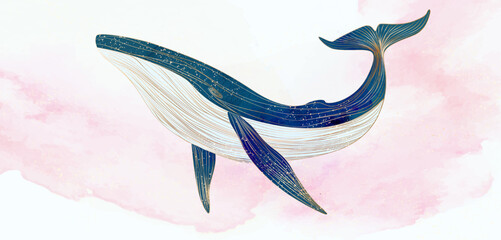 Art background in watercolor style with a blue whale with golden line elements in pink clouds or waves. Vector animalistic banner for decoration, print, textile, poster, wallpaper, interior. © VectorART