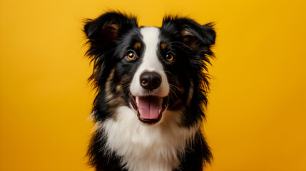 Border collie isolated on yellow background with copy space. Close up portrait of happy smiling sheepdog dog face head looking at camera. Banner for pet shop. Pet care and animals concept for ads card
