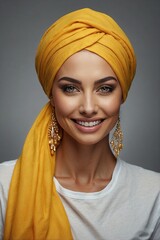 Smiling woman with a yellow turban on her head, Muslim