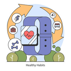 Dopamine fasting concept. Showcases a smartwatch tracking health metrics, advocating for physical activity and balanced life. Flat vector illustration.