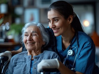 A young nurse shares a moment of joy with an elder, representing the cross-generational companionship and care provided in homes for the aged