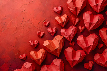 Red paper hearts on a red background. Valentine's Day concept.