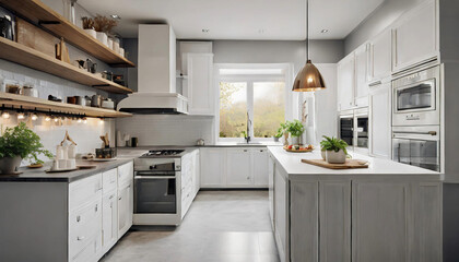 minimalist kitchen with white cabinets, open shelving, and pendant lighting