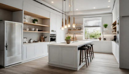 minimalist kitchen with white cabinets, open shelving, and pendant lighting