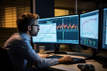 Analyst reviewing financial data on multiple screens. Digital illustration.