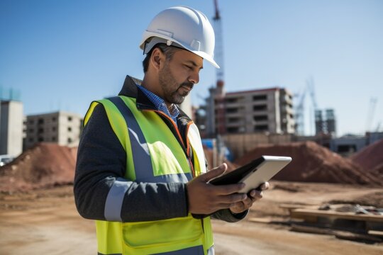 Worker using tablet at a construction site. Technology background.