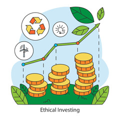 Ethical Investing concept. Visualization of financial growth aligned with environmental sustainability and clean energy. Flat vector illustration.