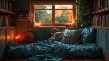 A cozy reading nook with soft pillows and a comforting blanket