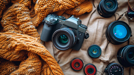 A flat lay of photography gear