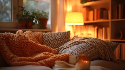 A cozy reading nook with soft pillows and a comforting blanket