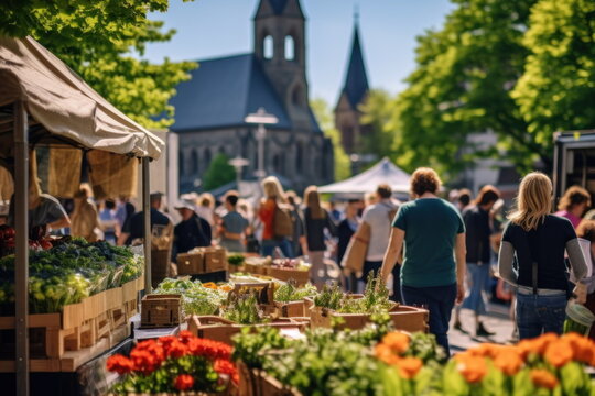 People shopping at a farmers market. Fresh products, local farmers market.