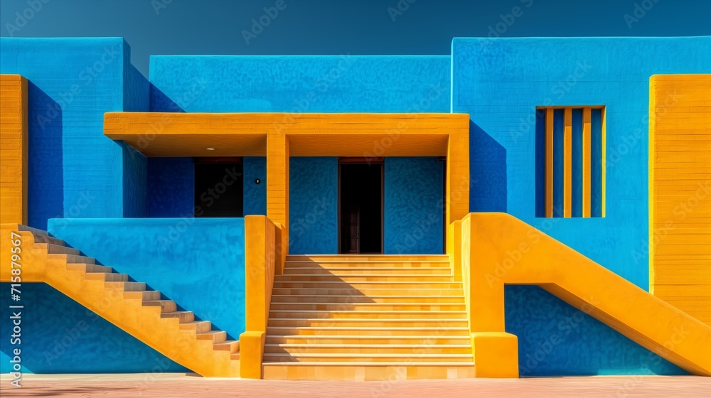 Wall mural vibrant blue and yellow architectural facade under clear sky