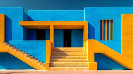 Vibrant blue and yellow architectural facade under clear sky