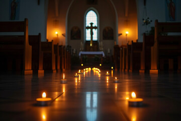 minimalist church interior during Great Lent, featuring lit candles and simple decor, creating a serene and contemplative atmosphere in a minimalistic photo - obrazy, fototapety, plakaty