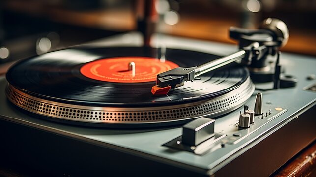 Classic vinyl record  close up of vibrant grooves and reflective surfaces in bright light