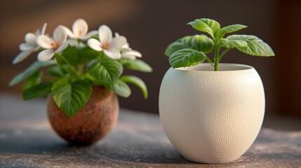 Blooming white flowers and green leaves in ceramic pots