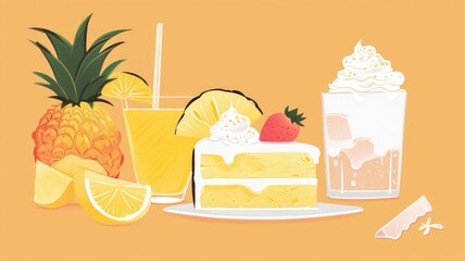 illustration Crushed pineapple cake and fruity drinks