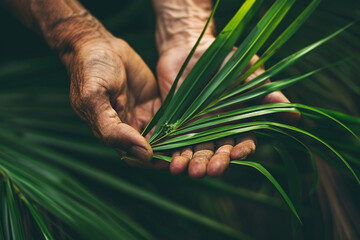close-up of hands holding a palm branch, symbolizing the beginning of Great Lent in many traditions, emphasizing the significance of humility and repentance in a minimalistic photo