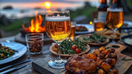Cozy outdoor dining experience with beer and firepit at sunset