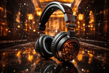 Fototapeta na wymiar An image of Shiny black headphone reflect golden nightclub. Generative AI