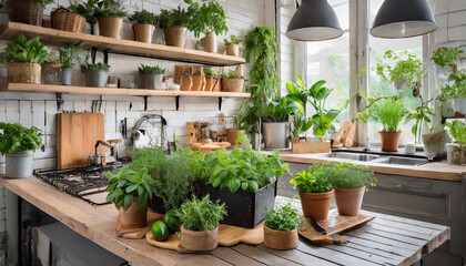 modern kitchen with an indoor herb garden, promoting fresh ingredients for cooking