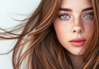 Fototapeta premium Beautiful woman with luxurious straight light hair. Healthy Hair. Lady with long smooth shiny straight hair. Isolated on white background.