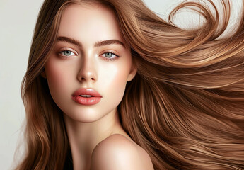 Fototapeta premium Beautiful woman with luxurious straight light hair. Healthy Hair. Lady with long smooth shiny straight hair. Isolated on white background.