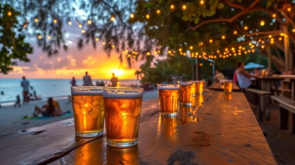 Chilled beer glasses on beachside bar table at sunset with twinkling lights
