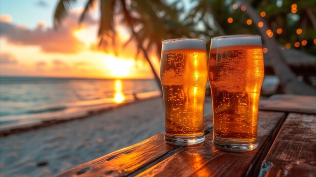 Two cold beer glasses on tropical beach at sunset with palm trees