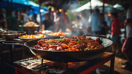 Vibrant street food market with colorful and delicious offerings captured in a close up shot