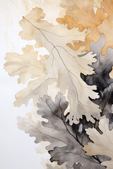 Neutral wall art with autumn oak leaves in watercolor style. Botanical printable poster, nature background