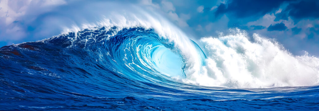 A panoramic image of a majestic blue wave cresting and crashing in the ocean, showcasing the power and beauty of the sea with a dynamic sky above.