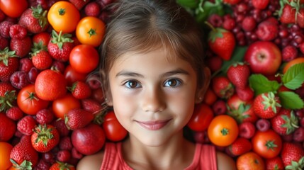 Fototapeta na wymiar Smiling young girl with fresh berries and tomatoes background