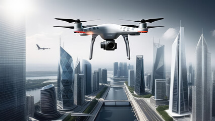 Drone with digital camera flying over the city. Megapolis. Generative AI