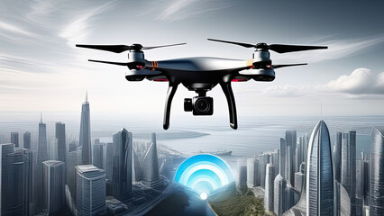 Drone with digital camera flying over the city. Megapolis. Generative AI