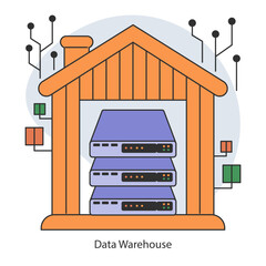 Data warehouse. Centralized data storage systems with advanced connectivity. Organizational data consolidation for optimized analysis. Flat vector illustration.