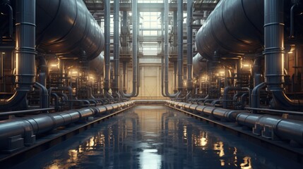 Hydrogen power plant large steel tanks and pipes. Big power plant pipes and steel tanks. Industry banner