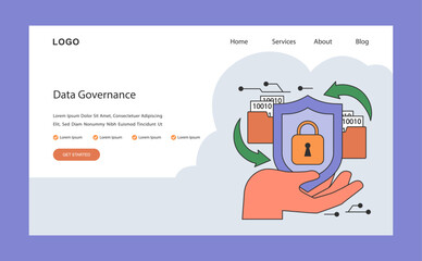 Data governance web or landing. Information oversight. Strategic regulation of data availability, usability, integrity, and security in a trusted framework. Flat vector illustration.