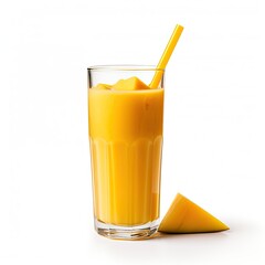 Mango juice with straw in a glass isolated on white background, Glass of mango smoothie