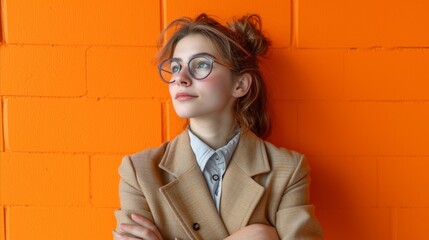 Stylish young woman in glasses posing by orange wall, reflective pose