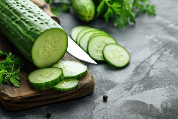 Fresh cucumber sliced with a knife, on a wooden board - Powered by Adobe