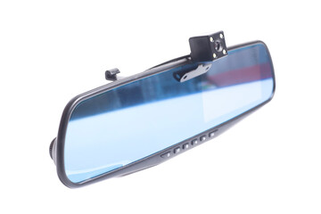 car rear view mirror with DVR isolated on white background.