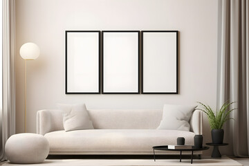 mock up poster frame in modern interior background, living room, Contemporary style, 3D render, 3D illustration