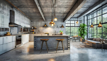 modern loft kitchen with exposed ductwork, concrete floors, and industrial pendant lights - obrazy, fototapety, plakaty